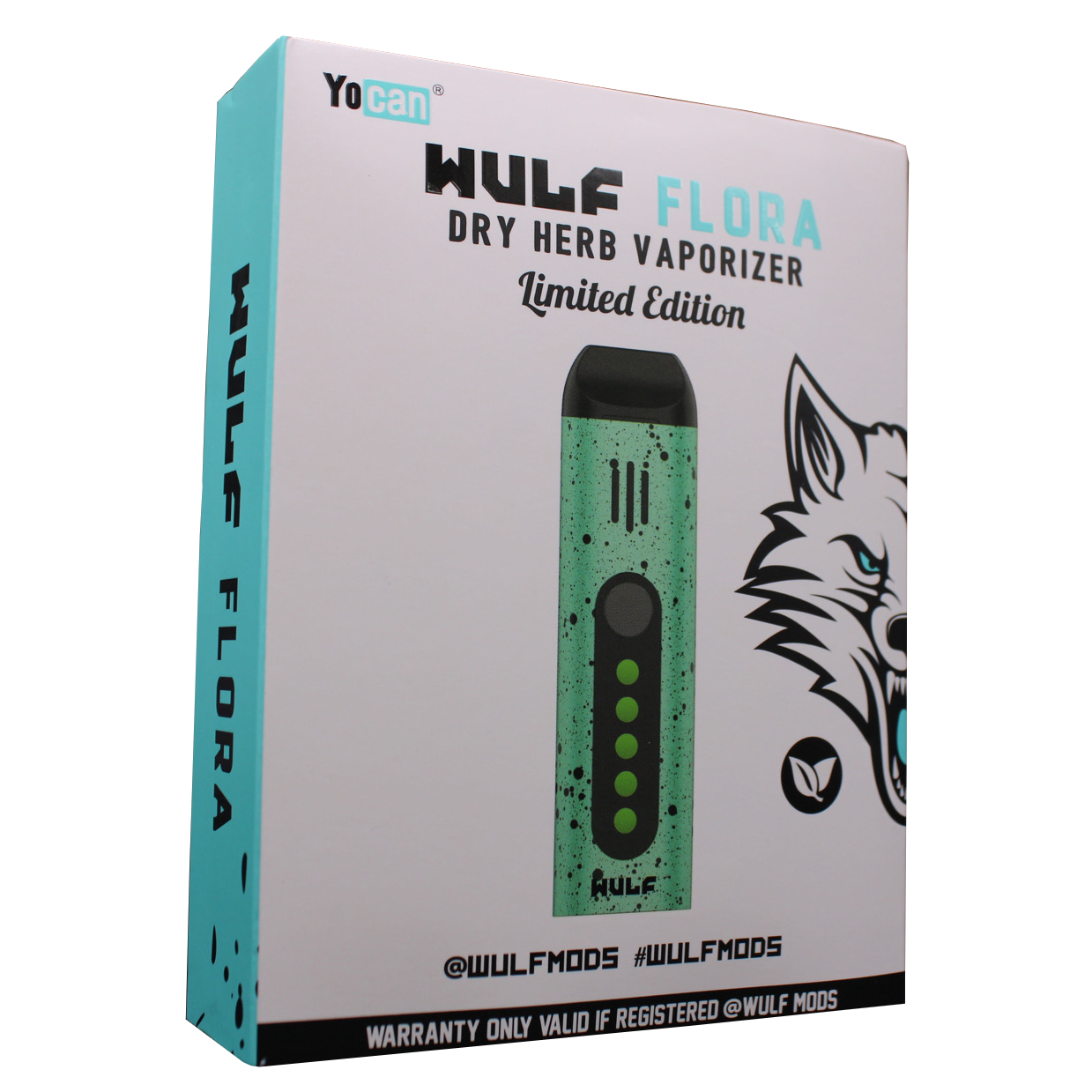 Front view of the Wulf Mods Flora vaporizer in green and black splatter. The device includes an intuitive OLED display and temperature control buttons for precise botanical heating.