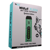 Front view of the Wulf Mods Flora vaporizer in green and black splatter. The device includes an intuitive OLED display and temperature control buttons for precise botanical heating.