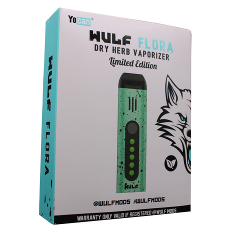 Front view of the Wulf Mods Flora vaporizer in green and black splatter. The device includes an intuitive OLED display and temperature control buttons for precise botanical heating.