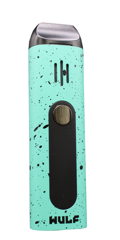 Angled view of the Wulf Mods Flora vaporizer in green and black splatter. This portable dry herb vaporizer features an anodized aluminum chassis and rapid heating for on-the-go sessions.