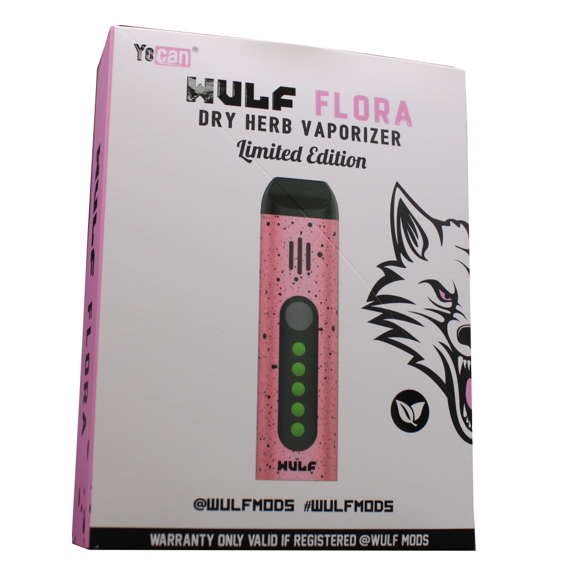 Front view of the Wulf Mods Flora vaporizer in pink and black splatter. The device includes an intuitive OLED display and temperature control buttons for precise botanical heating.