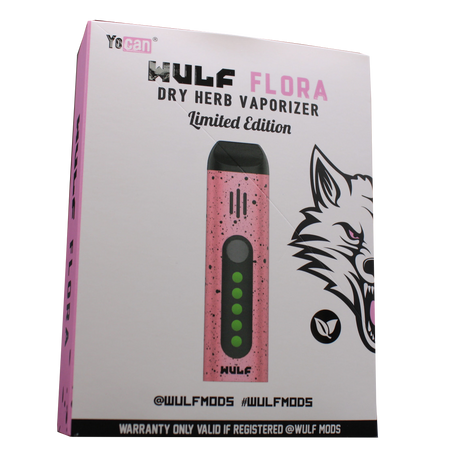 Front view of the Wulf Mods Flora vaporizer in pink and black splatter. The device includes an intuitive OLED display and temperature control buttons for precise botanical heating.