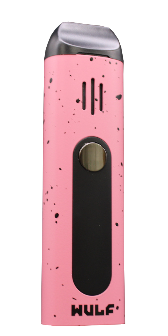 Angled view of the Wulf Mods Flora vaporizer in pink and black splatter. This portable dry herb vaporizer features an anodized aluminum chassis and rapid heating for on-the-go 