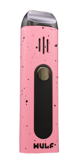 Angled view of the Wulf Mods Flora vaporizer in pink and black splatter. This portable dry herb vaporizer features an anodized aluminum chassis and rapid heating for on-the-go 