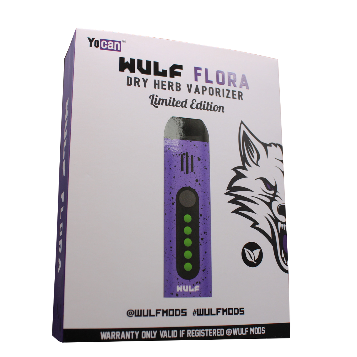 Front view of the Wulf Mods Flora vaporizer in purple and black splatter. The device includes an intuitive OLED display and temperature control buttons for precise botanical heating.