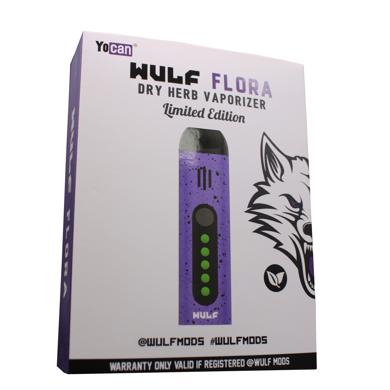 Front view of the Wulf Mods Flora vaporizer in purple and black splatter. The device includes an intuitive OLED display and temperature control buttons for precise botanical heating.