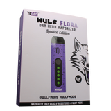 Front view of the Wulf Mods Flora vaporizer in purple and black splatter. The device includes an intuitive OLED display and temperature control buttons for precise botanical heating.