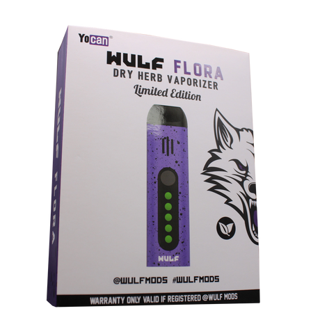 Front view of the Wulf Mods Flora vaporizer in purple and black splatter. The device includes an intuitive OLED display and temperature control buttons for precise botanical heating.