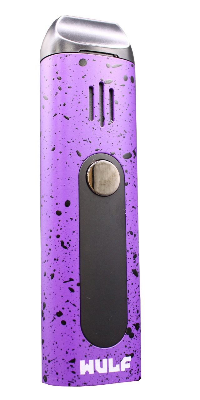 Angled view of the Wulf Mods Flora vaporizer in purple and black splatter. This portable dry herb vaporizer features an anodized aluminum chassis and rapid heating for on-the-go sessions.