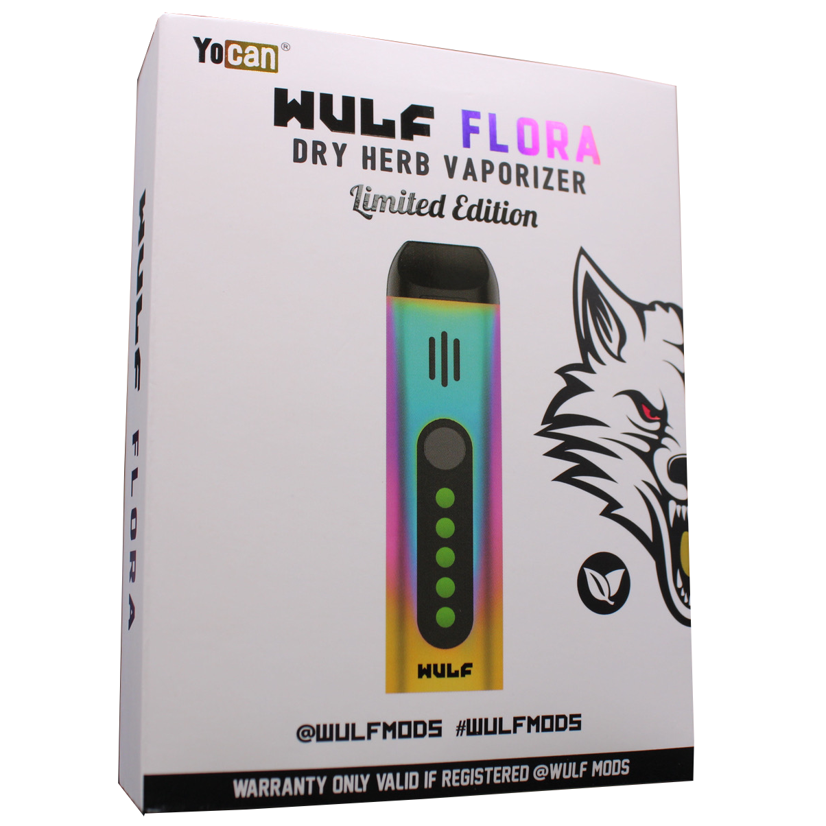 Front view of the Wulf Mods Flora vaporizer in rainbow. The device includes an intuitive OLED display and temperature control buttons for precise botanical heating.