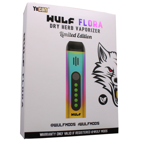 Front view of the Wulf Mods Flora vaporizer in rainbow. The device includes an intuitive OLED display and temperature control buttons for precise botanical heating.