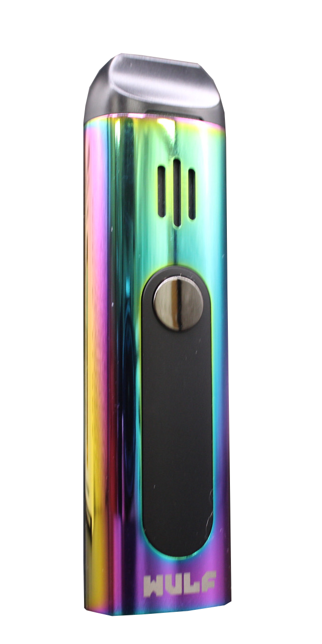Angled view of the Wulf Mods Flora vaporizer in rainbow. This portable dry herb vaporizer features an anodized aluminum chassis and rapid heating for on-the-go sessions.
