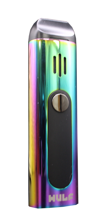 Angled view of the Wulf Mods Flora vaporizer in rainbow. This portable dry herb vaporizer features an anodized aluminum chassis and rapid heating for on-the-go sessions.