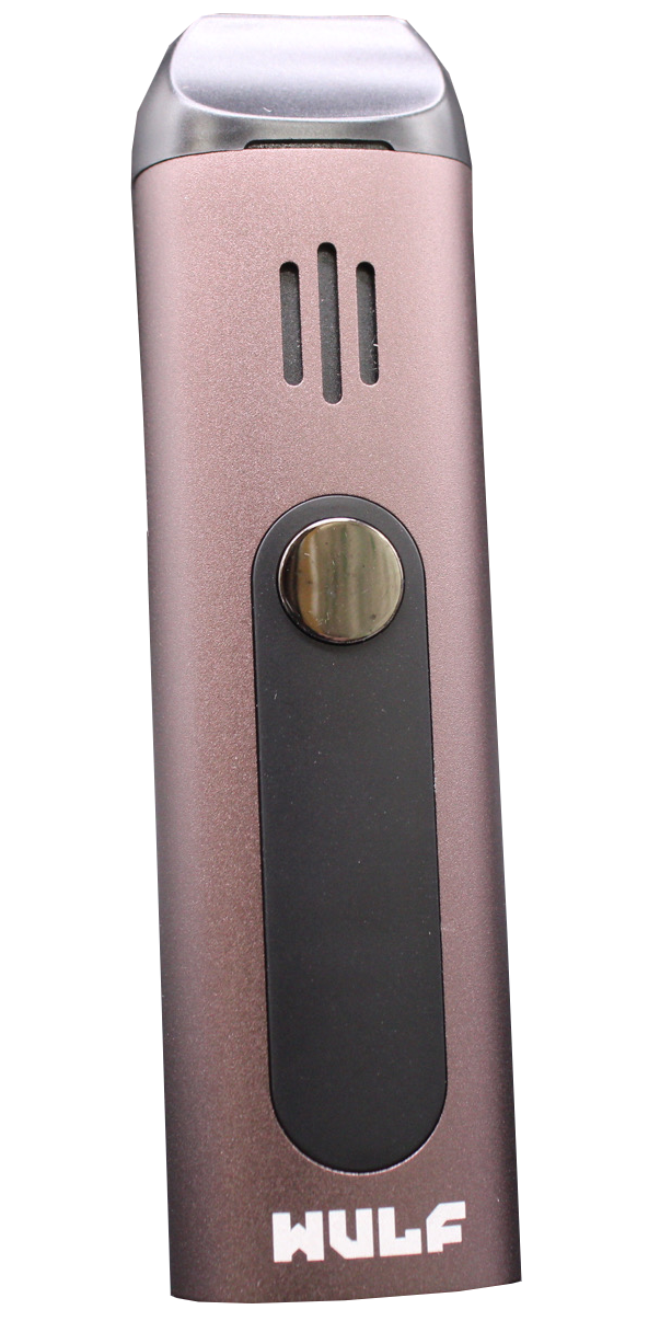 Front view of the Wulf Mods Flora vaporizer in sleek silver. The device includes an intuitive OLED display and temperature control buttons for precise botanical heating.
