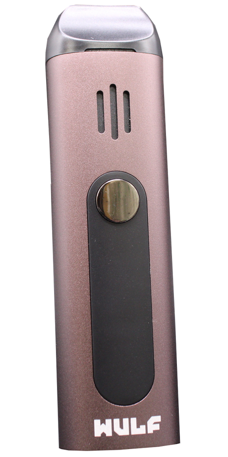 Front view of the Wulf Mods Flora vaporizer in sleek silver. The device includes an intuitive OLED display and temperature control buttons for precise botanical heating.