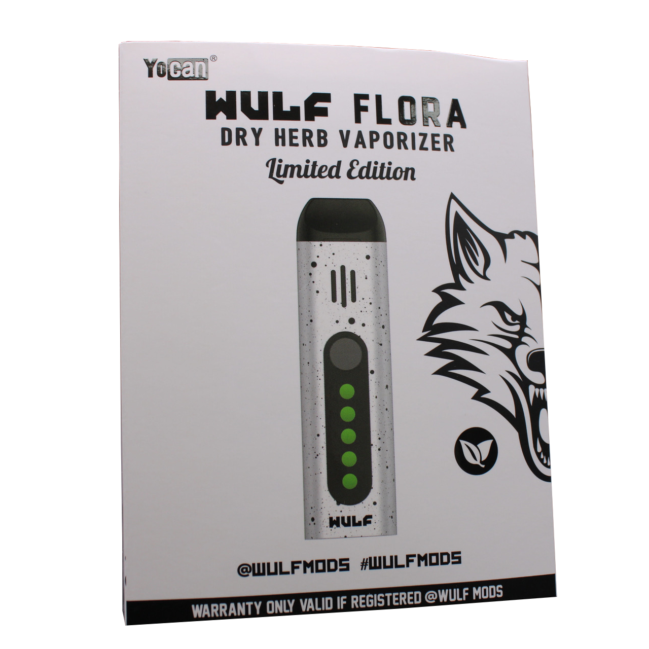 Angled view of the Wulf Mods Flora vaporizer in white with black splatter. This portable dry herb vaporizer features an anodized aluminum chassis and rapid heating for on-the-go sessions.