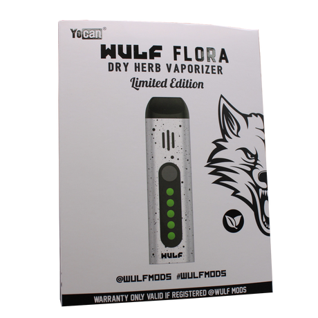 Angled view of the Wulf Mods Flora vaporizer in white with black splatter. This portable dry herb vaporizer features an anodized aluminum chassis and rapid heating for on-the-go sessions.