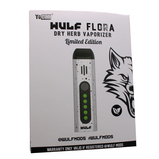 Angled view of the Wulf Mods Flora vaporizer in white with black splatter. This portable dry herb vaporizer features an anodized aluminum chassis and rapid heating for on-the-go sessions.