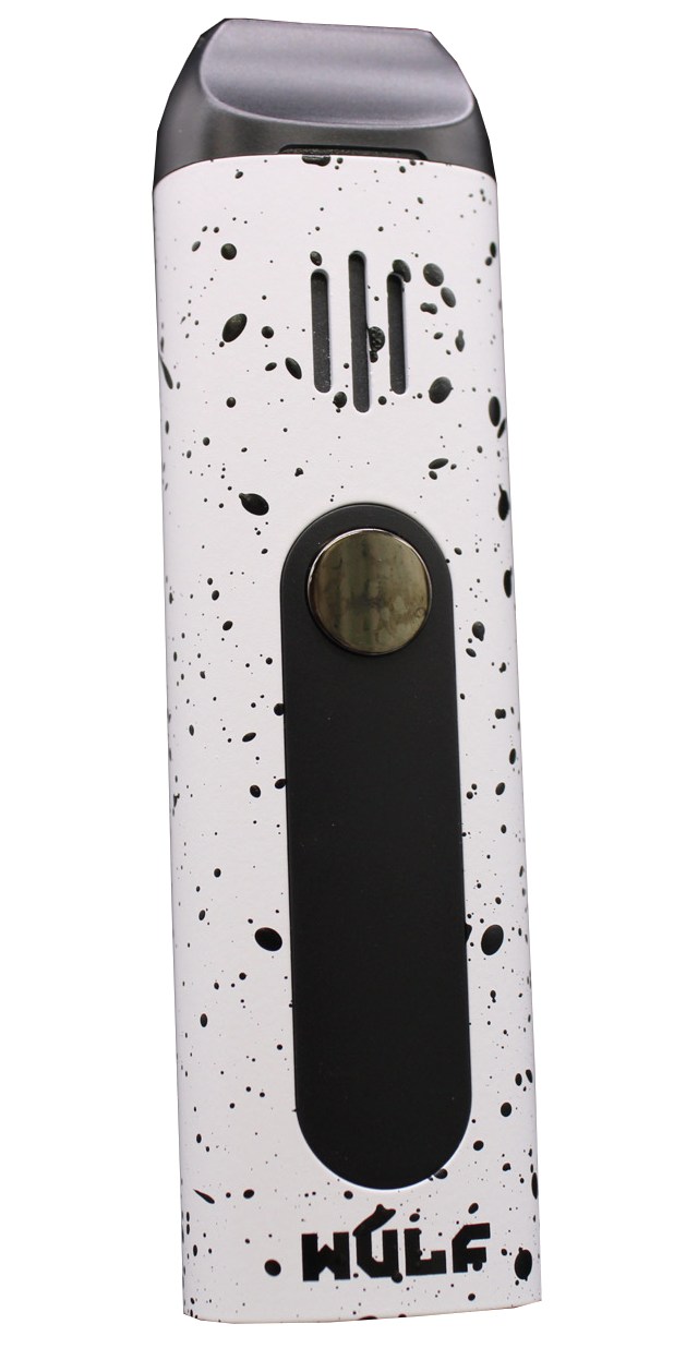 Front view of the Wulf Mods Flora vaporizer in white with black splatter. The device includes an intuitive OLED display and temperature control buttons for precise botanical heating.