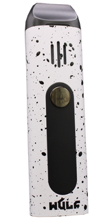 Front view of the Wulf Mods Flora vaporizer in white with black splatter. The device includes an intuitive OLED display and temperature control buttons for precise botanical heating.