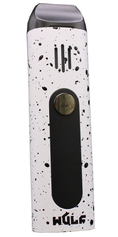Front view of the Wulf Mods Flora vaporizer in white with black splatter. The device includes an intuitive OLED display and temperature control buttons for precise botanical heating.