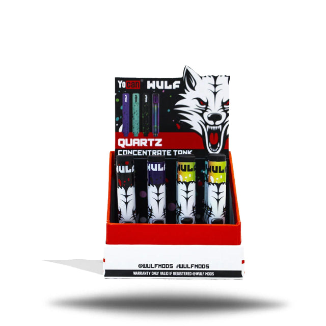 Front angled view of the Wulf Mods Quartz Concentrate Tank 12-Pack display box in sleek black and white. This bulk wholesale counter caddy holds twelve individually packaged replacement heating tanks, making it a perfect impulse item for dispensary countertops.