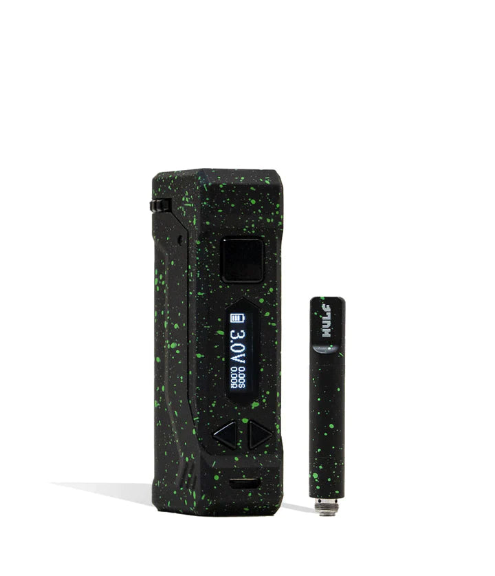 Front view of the Wulf Uni Pro Max cartridge vaporizer showcasing its signature colorful splatter finish on a black chassis. This dynamic 510-threaded box mod features a crystal-clear LED screen and a 650mAh battery for highly customized sessions.