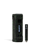 Front view of the Wulf Uni Pro Max cartridge vaporizer showcasing its signature colorful splatter finish on a black chassis. This dynamic 510-threaded box mod features a crystal-clear LED screen and a 650mAh battery for highly customized sessions.