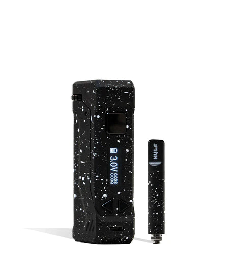 Front view of the Wulf Uni Pro Max cartridge vaporizer showcasing its signature colorful splatter finish on a black chassis. This dynamic 510-threaded box mod features a crystal-clear LED screen and a 650mAh battery for highly customized sessions.