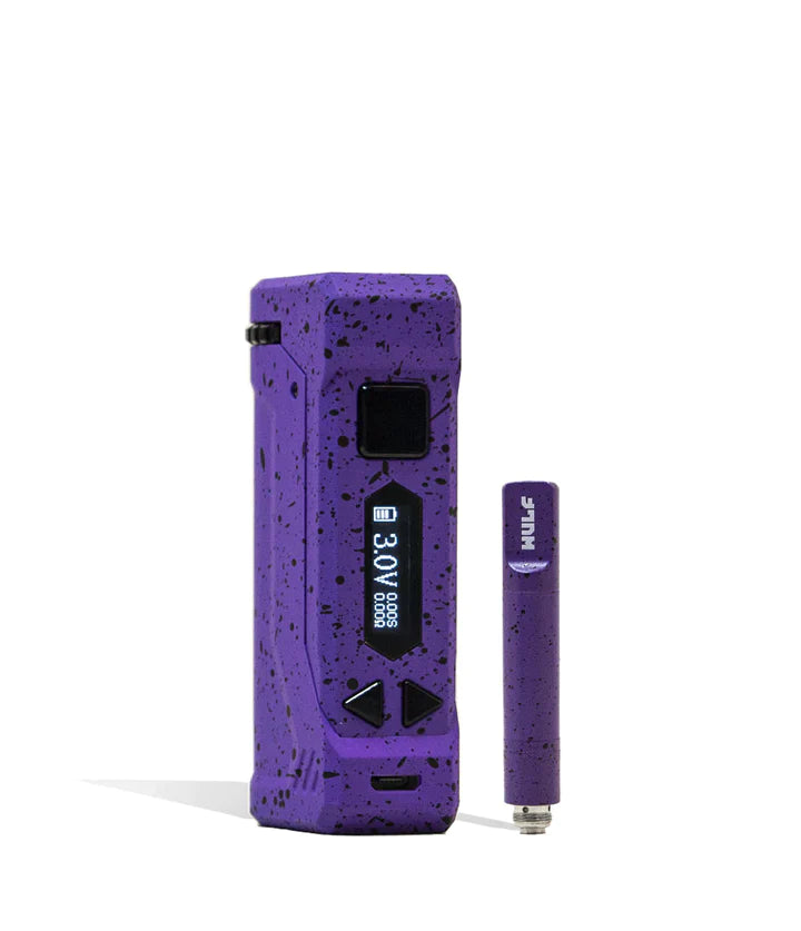Front view of the Wulf Uni Pro Max cartridge vaporizer showcasing its signature colorful splatter finish on a purple chassis. This dynamic 510-threaded box mod features a crystal-clear LED screen and a 650mAh battery for highly customized sessions.