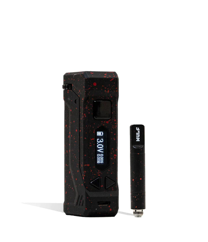 Front view of the Wulf Uni Pro Max cartridge vaporizer showcasing its signature colorful splatter finish on a black chassis. This dynamic 510-threaded box mod features a crystal-clear LED screen and a 650mAh battery for highly customized sessions.