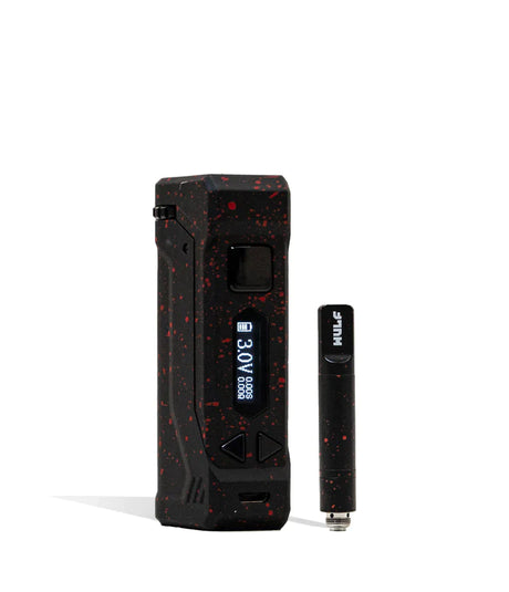 Front view of the Wulf Uni Pro Max cartridge vaporizer showcasing its signature colorful splatter finish on a black chassis. This dynamic 510-threaded box mod features a crystal-clear LED screen and a 650mAh battery for highly customized sessions.