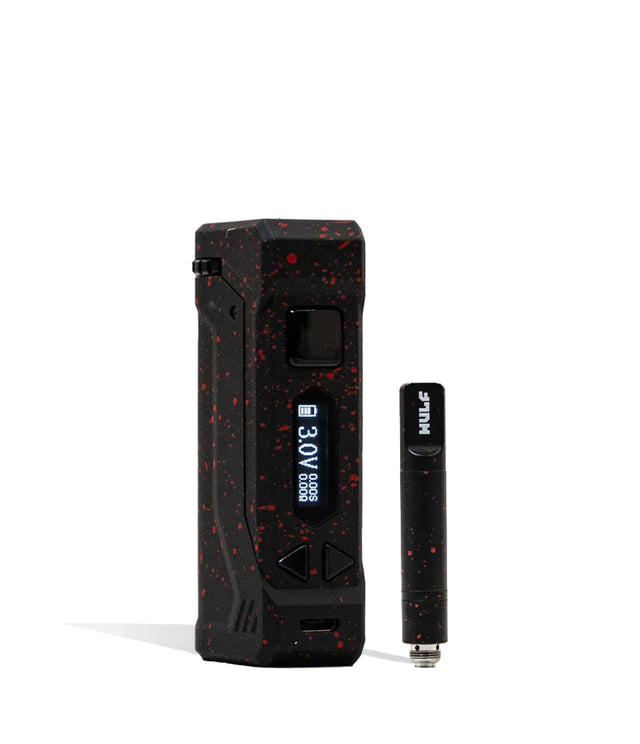 Front view of the Wulf Uni Pro Max cartridge vaporizer showcasing its signature colorful splatter finish on a black chassis. This dynamic 510-threaded box mod features a crystal-clear LED screen and a 650mAh battery for highly customized sessions.