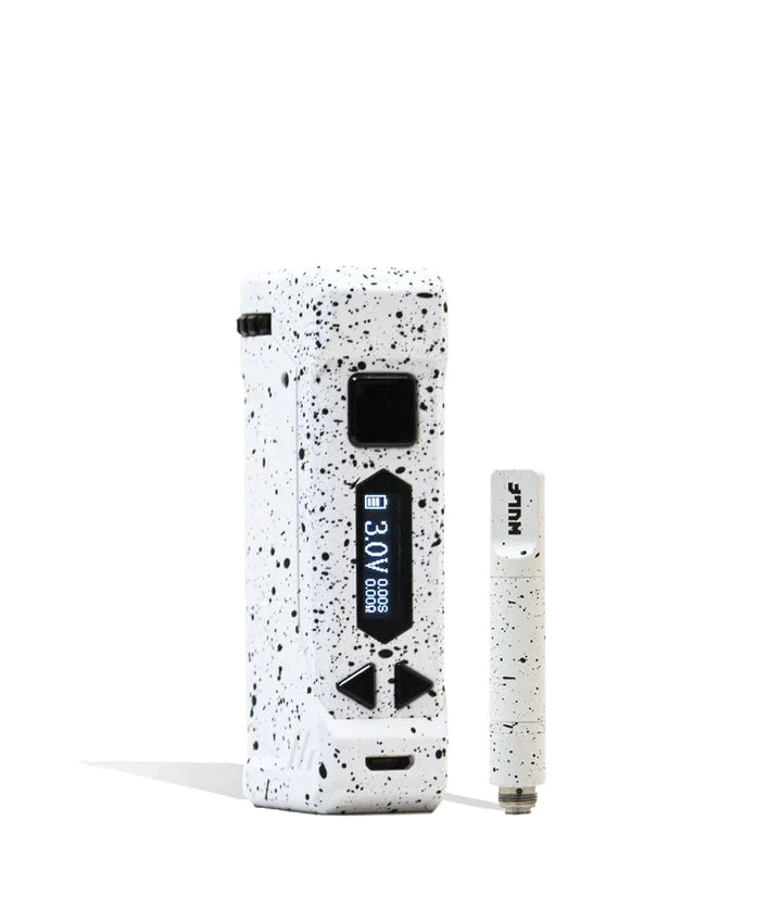 Front view of the Wulf Uni Pro Max cartridge vaporizer showcasing its signature colorful splatter finish on a white chassis. This dynamic 510-threaded box mod features a crystal-clear LED screen and a 650mAh battery for highly customized sessions.