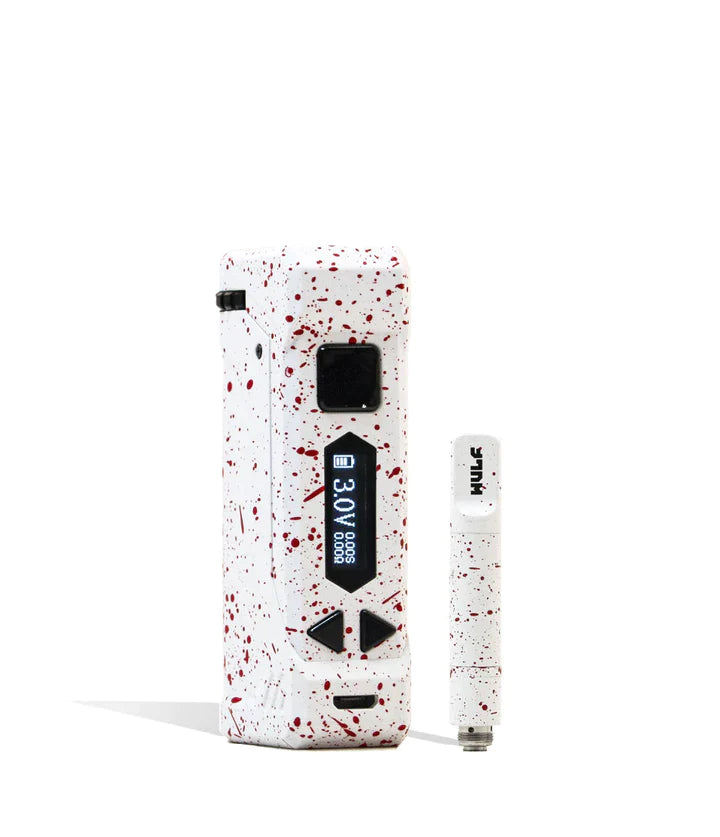 Front view of the Wulf Uni Pro Max cartridge vaporizer showcasing its signature colorful splatter finish on a white chassis. This dynamic 510-threaded box mod features a crystal-clear LED screen and a 650mAh battery for highly customized sessions.