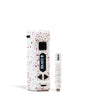 Front view of the Wulf Uni Pro Max cartridge vaporizer showcasing its signature colorful splatter finish on a white chassis. This dynamic 510-threaded box mod features a crystal-clear LED screen and a 650mAh battery for highly customized sessions.