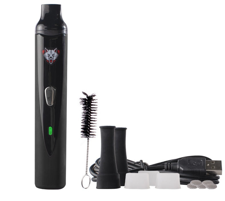 Angled overhead view of the complete Wulf Vape Classic dry herb vaporizer kit laid out against a clean white background. This reliable flower starter set includes the main vaporizer unit, replacement filter screens, a cleaning brush, and a USB charging cable.
