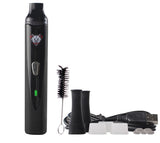 Angled overhead view of the complete Wulf Vape Classic dry herb vaporizer kit laid out against a clean white background. This reliable flower starter set includes the main vaporizer unit, replacement filter screens, a cleaning brush, and a USB charging cable.