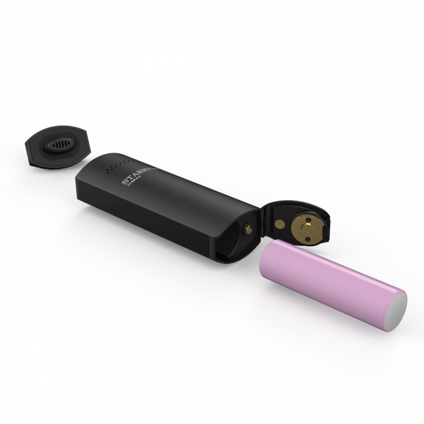 Bottom angled view of the XVAPE Starry 3.0 in black with the bottom battery door unlatched. The device showcases a removable and replaceable 18650 battery that gives users the freedom to swap power cells on the go.