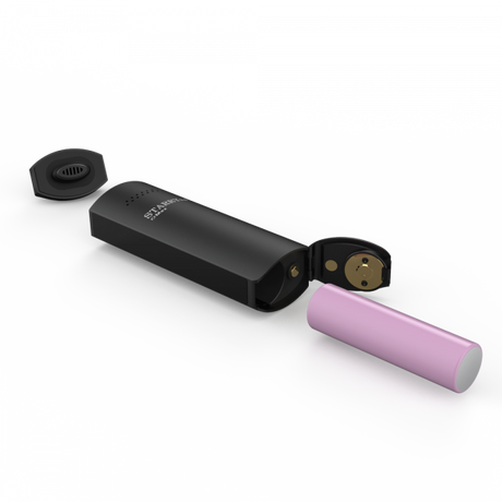 Bottom angled view of the XVAPE Starry 3.0 in black with the bottom battery door unlatched. The device showcases a removable and replaceable 18650 battery that gives users the freedom to swap power cells on the go.
