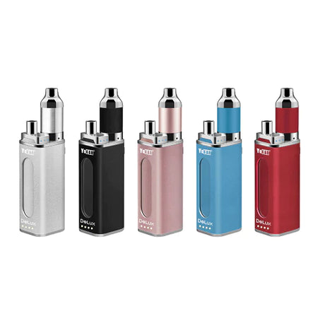 Front view of the Yocan DeLux 2-in-1 concentrate box mod kits in in multiple colors. This innovative vaporizer features a unique nested design where a mini 510-thread oil battery perfectly docks inside a high-capacity 1500mAh concentrate mod.