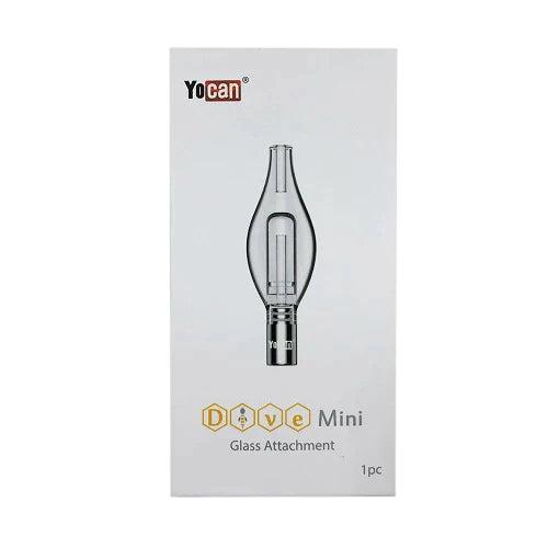 Front angled view of the Yocan Dive Mini Glass Bubbler Attachment Replacement in clear glass. This essential water filtration tube attaches securely to the Dive Mini vaporizer to deliver smooth, water-cooled hits from your wax concentrates.