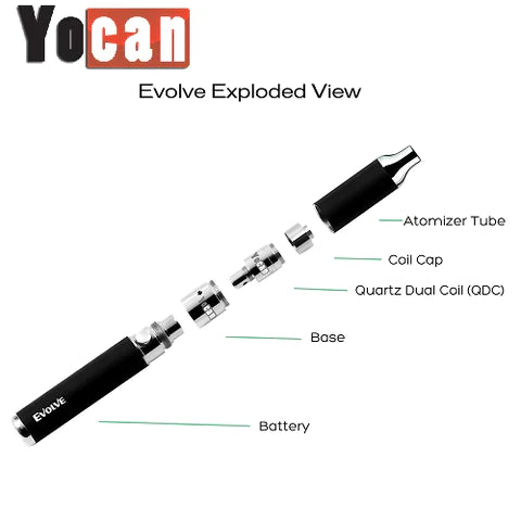 Front view of the Yocan Evolve wax pen kit in sleek black. This compact, powerful concentrate vaporizer features a highly portable pen-style design equipped with a reliable 650mAh battery for quick sessions on the go.
