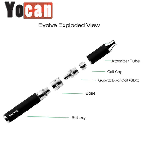 Front view of the Yocan Evolve wax pen kit in sleek black. This compact, powerful concentrate vaporizer features a highly portable pen-style design equipped with a reliable 650mAh battery for quick sessions on the go.