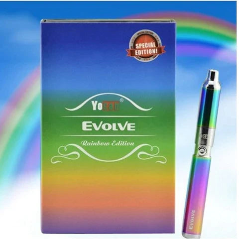 Front view of the Yocan Evolve wax pen kit in sleek rainbow. This compact, powerful concentrate vaporizer features a highly portable pen-style design equipped with a reliable 650mAh battery for quick sessions on the go.