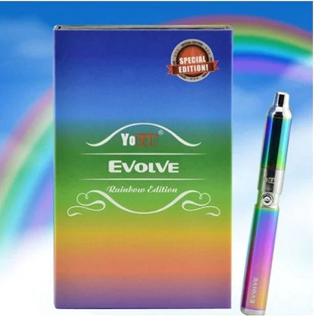 Front view of the Yocan Evolve wax pen kit in sleek rainbow. This compact, powerful concentrate vaporizer features a highly portable pen-style design equipped with a reliable 650mAh battery for quick sessions on the go.