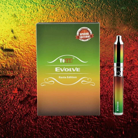 Front view of the Yocan Evolve wax pen kit in sleek rasta. This compact, powerful concentrate vaporizer features a highly portable pen-style design equipped with a reliable 650mAh battery for quick sessions on the go.