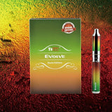 Front view of the Yocan Evolve wax pen kit in sleek rasta. This compact, powerful concentrate vaporizer features a highly portable pen-style design equipped with a reliable 650mAh battery for quick sessions on the go.