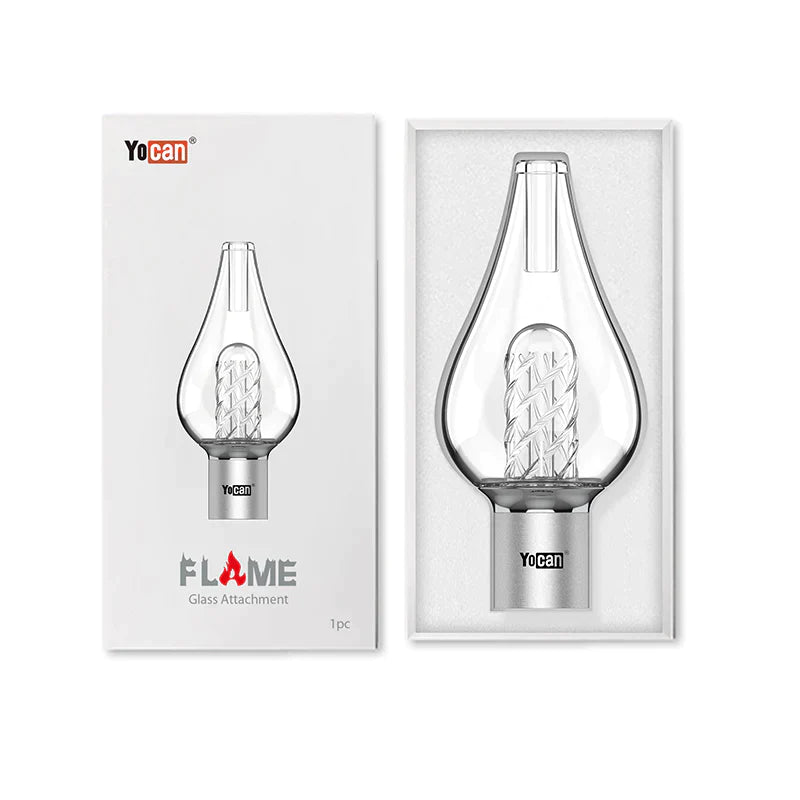 Front angled view of the Yocan Flame Glass Bubbler Attachment Replacement in clear glass. This essential water filtration tube attaches securely to the Yocan Flame vaporizer to deliver smooth, water-cooled hits from your wax concentrates.