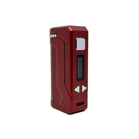 Front profile view of the Yocan UNI Plus portable mod in burgundy. This highly versatile cartridge vaporizer features an ergonomic chassis and extended battery life for longer, uninterrupted daily vaping sessions.